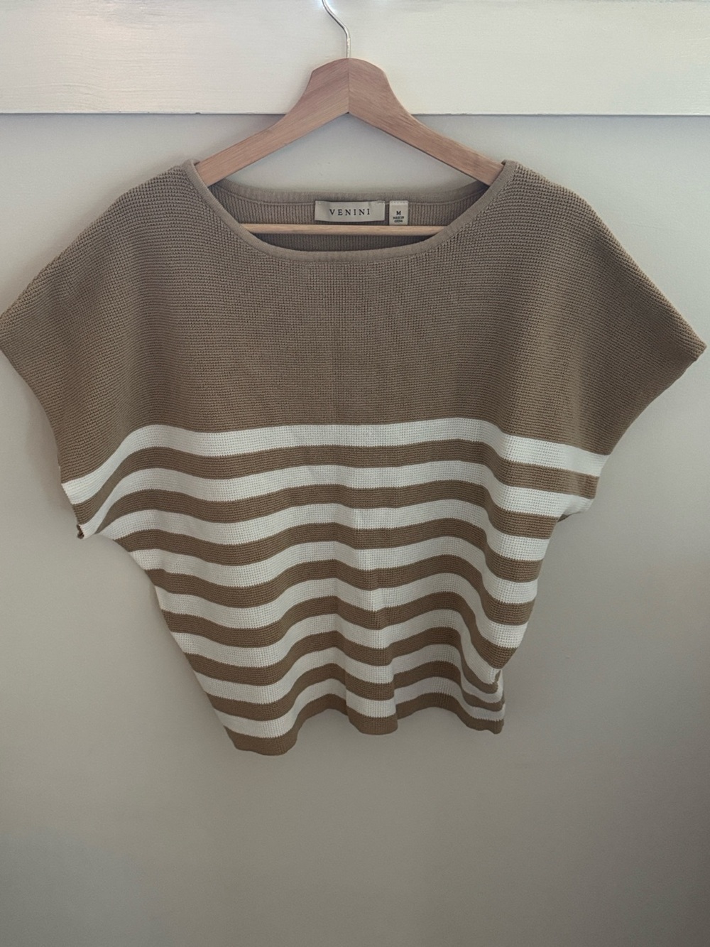 Venini Tan Cream Striped Knit Sweater Top Lightweight Dolman Sleeve Coastal Chic